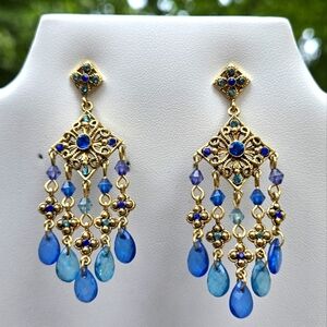 Avon Vintage Goldtone Blue Rehinestone Chandelier Drop Stud Earrings